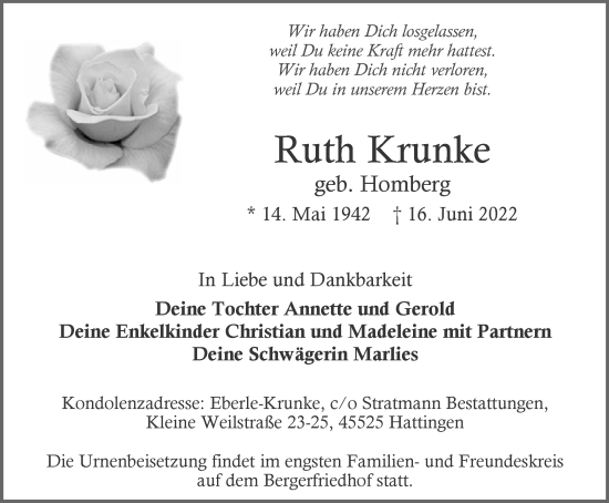 Traueranzeige von Ruth Krunke von WVW Anzeigenblätter