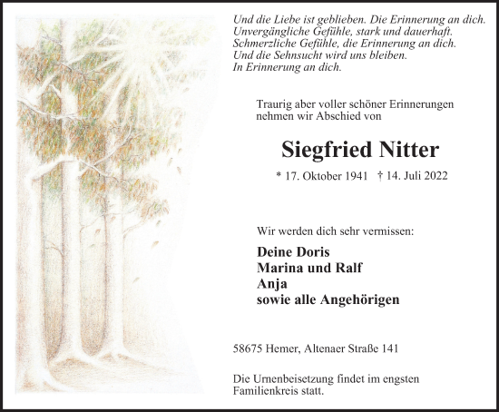 Traueranzeige von Siegfried Nitter von WVW Anzeigenblätter