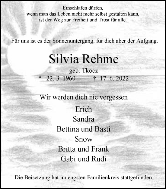 Traueranzeige von Silvia Rehme von WVW Anzeigenblätter