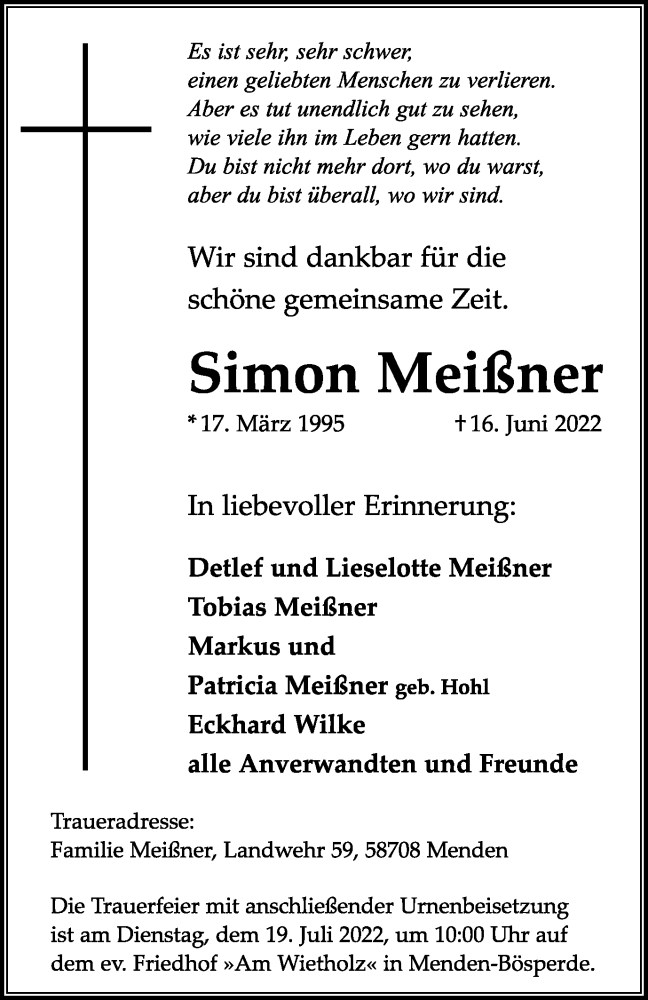  Traueranzeige für Simon Meißner vom 16.07.2022 aus WVW Anzeigenblätter