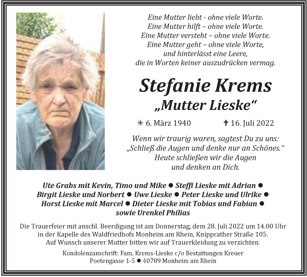  Traueranzeige für Stefanie Krems vom 23.07.2022 aus WVW Anzeigenblätter