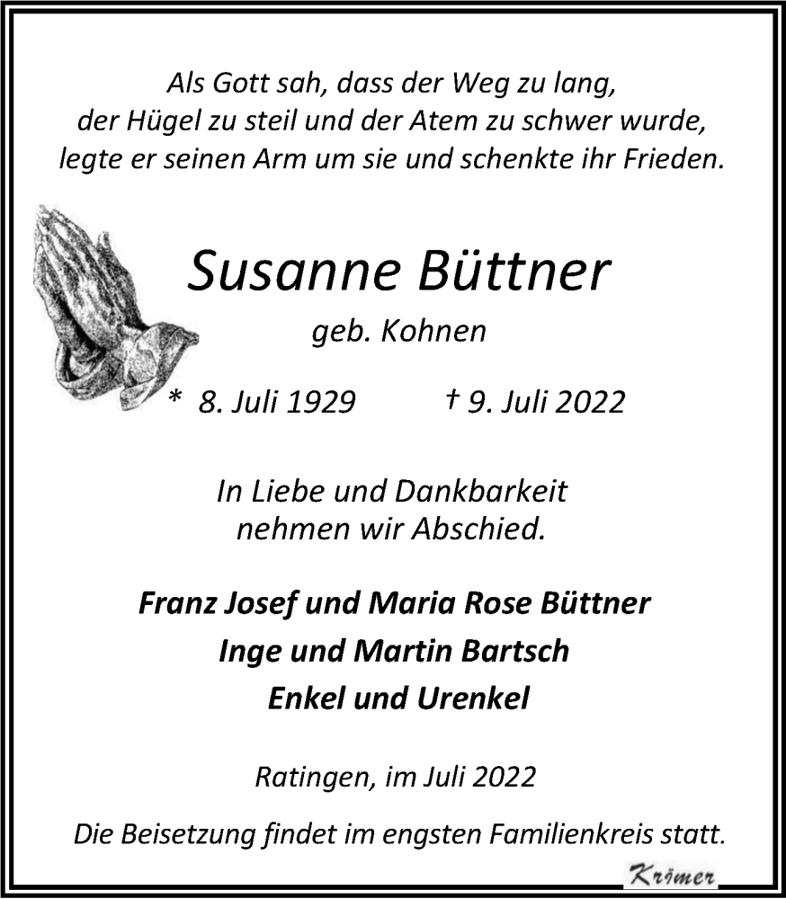  Traueranzeige für Susanne Büttner vom 23.07.2022 aus WVW Anzeigenblätter
