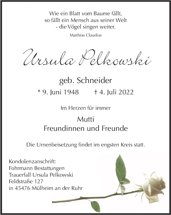 Traueranzeige von Ursula Pelkowski von WVW Anzeigenblätter
