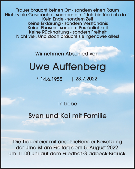 Traueranzeige von Uwe Auffenberg von WVW Anzeigenblätter