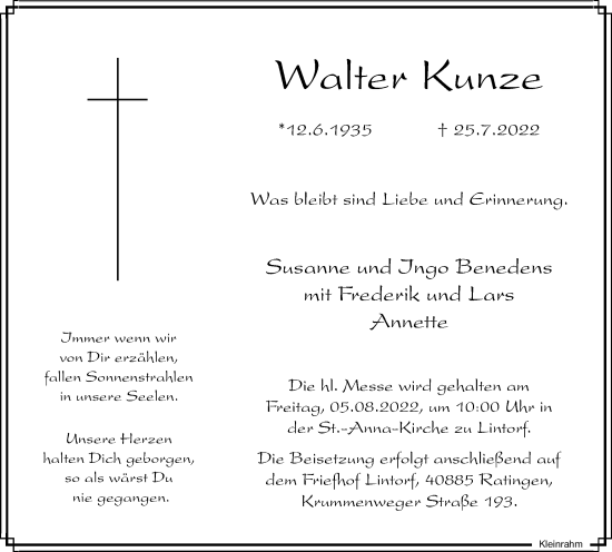 Traueranzeige von Walter Kunze von WVW Anzeigenblätter