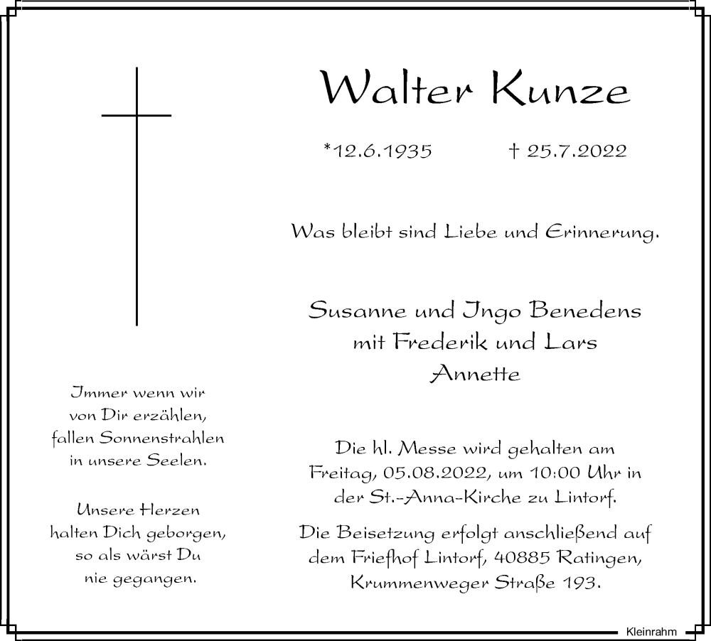  Traueranzeige für Walter Kunze vom 30.07.2022 aus WVW Anzeigenblätter