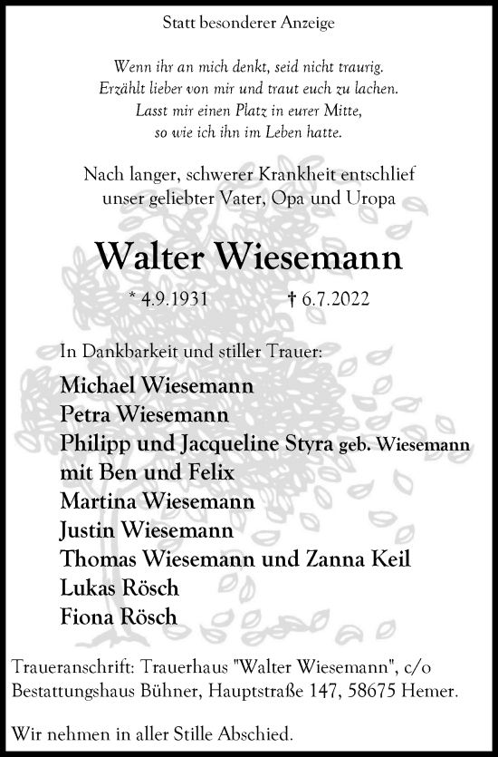Traueranzeige von Walter Wiesemann von WVW Anzeigenblätter