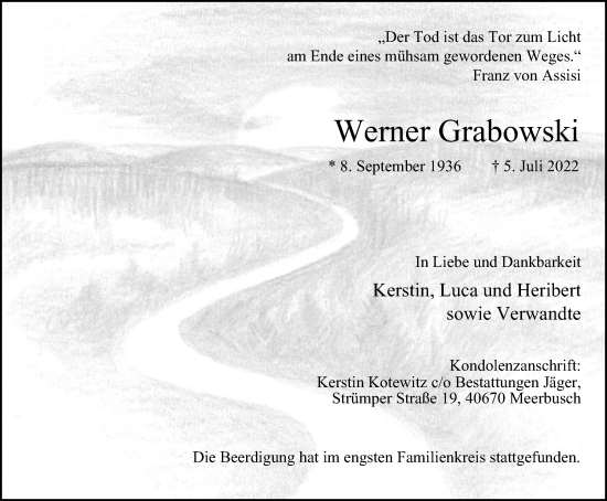 Traueranzeige von Werner Grabowski von WVW Anzeigenblätter