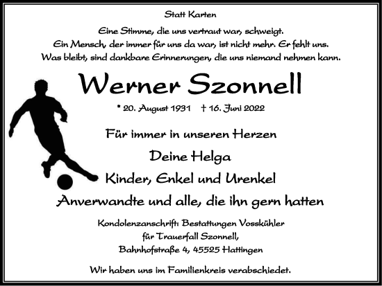 Traueranzeige von Werner Szonnell von WVW Anzeigenblätter