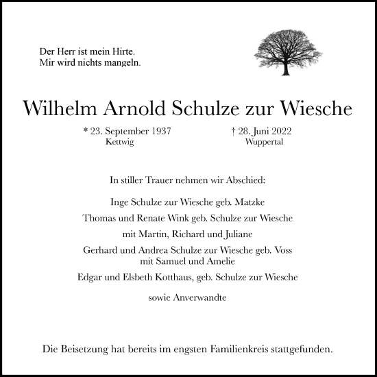 Traueranzeige von Wilhelm Arnold  Schulze zur Wiesche von WVW Anzeigenblätter