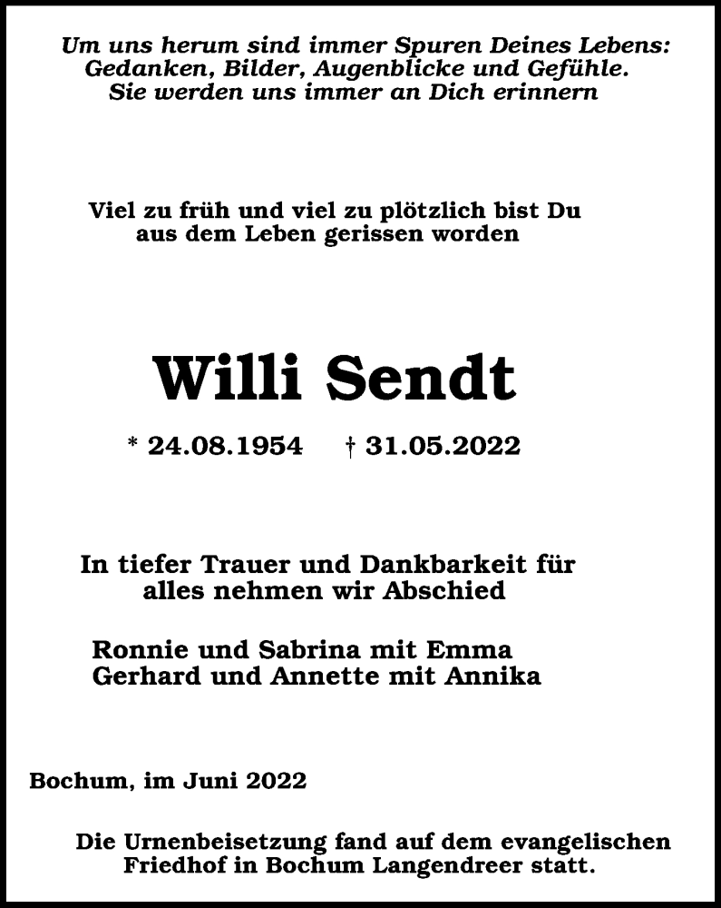  Traueranzeige für Willi Sendt vom 02.07.2022 aus WVW Anzeigenblätter