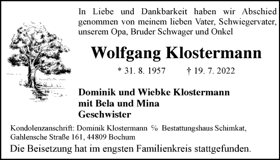 Traueranzeige von Wolfgang Klostermann von WVW Anzeigenblätter