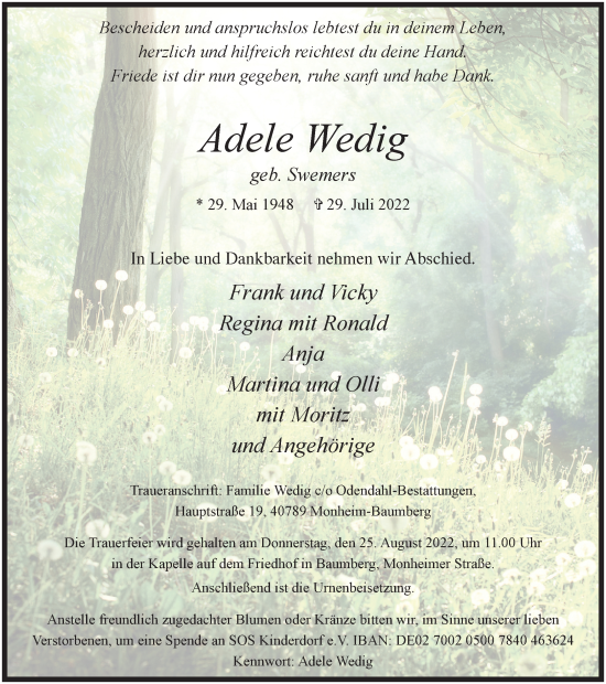 Traueranzeige von Adele Wedig von WVW Anzeigenblätter