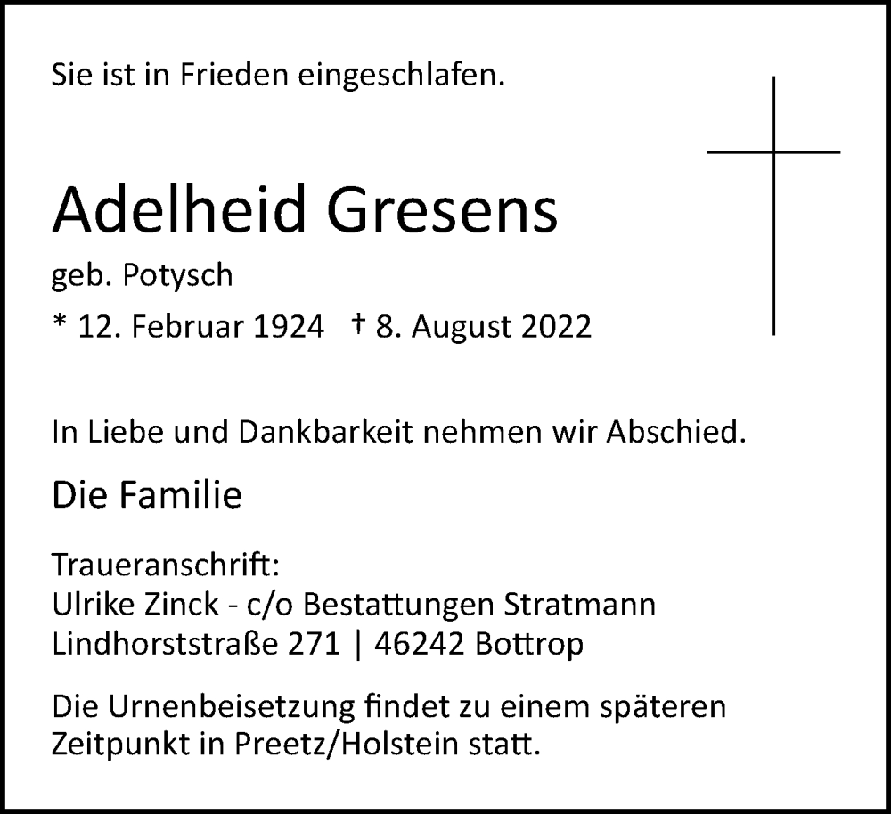  Traueranzeige für Adelheid Gresens vom 13.08.2022 aus WVW Anzeigenblätter