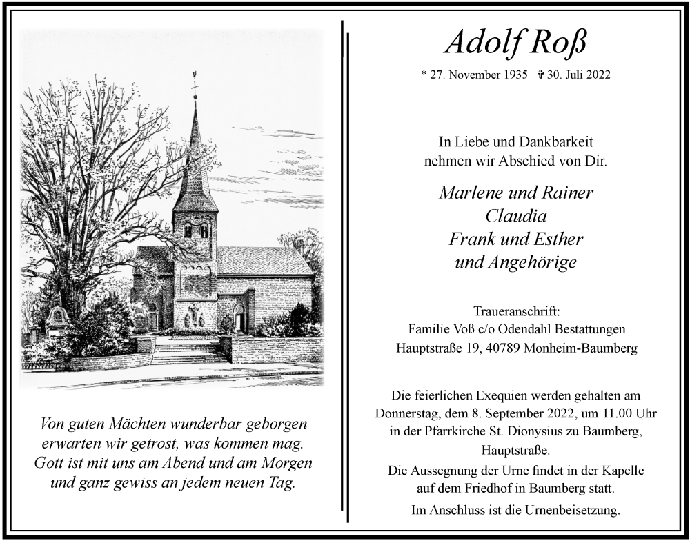  Traueranzeige für Adolf Roß vom 13.08.2022 aus WVW Anzeigenblätter