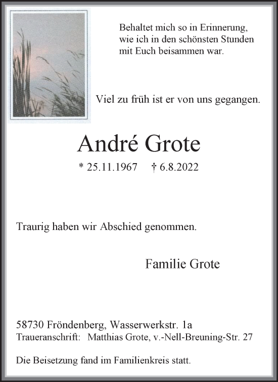 Traueranzeige von André Grote von WVW Anzeigenblätter