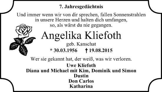 Traueranzeige von Angelika Kliefoth von WVW Anzeigenblätter