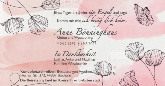 Traueranzeige von Anne Bönninghaus von WVW Anzeigenblätter