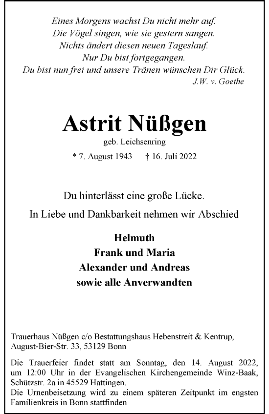 Traueranzeige von Astrit Nüßgen von WVW Anzeigenblätter