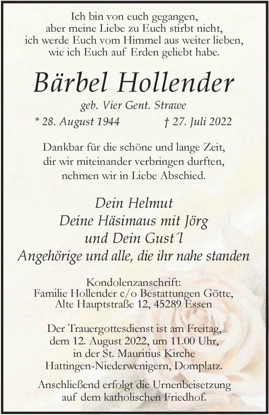 Traueranzeige von Bärbel Hollender von WVW Anzeigenblätter