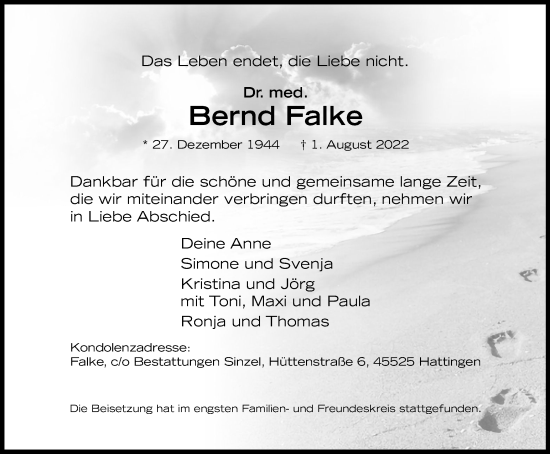 Traueranzeige von Bernd Falke von WVW Anzeigenblätter