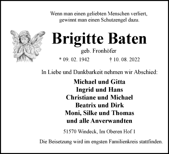 Traueranzeige von Brigitte Baten von WVW Anzeigenblätter