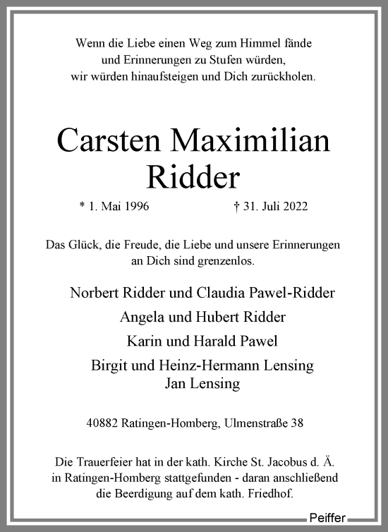 Traueranzeige von Carsten Maximilian Ridder von WVW Anzeigenblätter