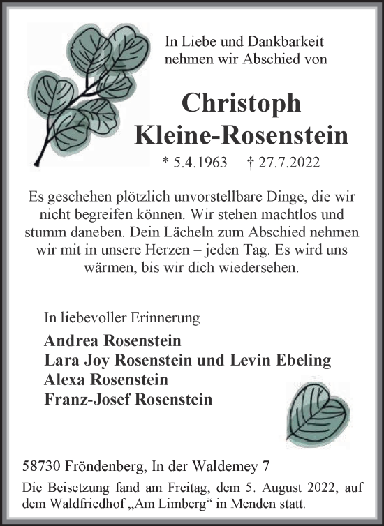 Traueranzeige von Christoph Kleine-Rosenstein von WVW Anzeigenblätter