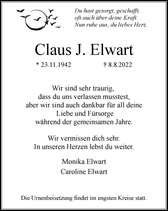 Traueranzeige von Claus J. Elwart von WVW Anzeigenblätter
