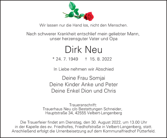 Traueranzeige von Dirk Neu von WVW Anzeigenblätter