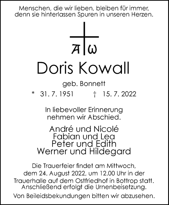 Traueranzeige von Doris Kowall von WVW Anzeigenblätter