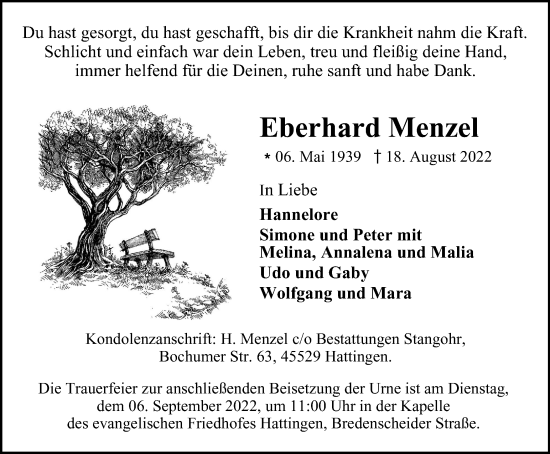 Traueranzeige von Eberhard Menzel von WVW Anzeigenblätter
