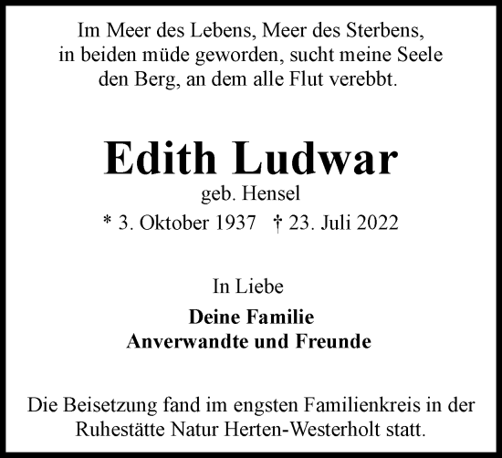 Traueranzeige von Edith Ludwar von WVW Anzeigenblätter