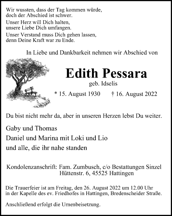Traueranzeige von Edith Pessara von WVW Anzeigenblätter