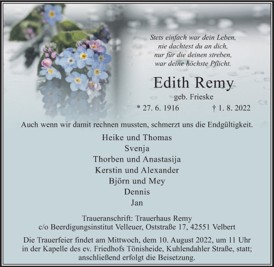 Traueranzeige von Edith Remy von WVW Anzeigenblätter
