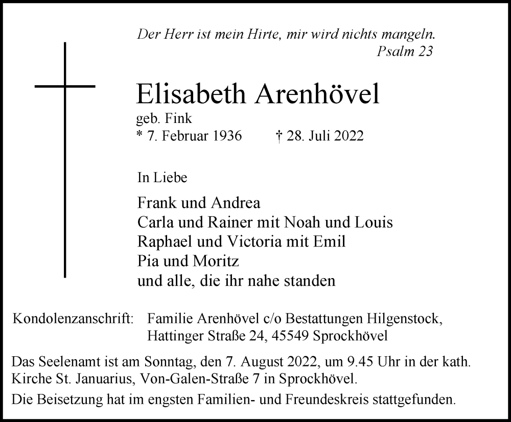  Traueranzeige für Elisabeth Arenhövel vom 06.08.2022 aus WVW Anzeigenblätter