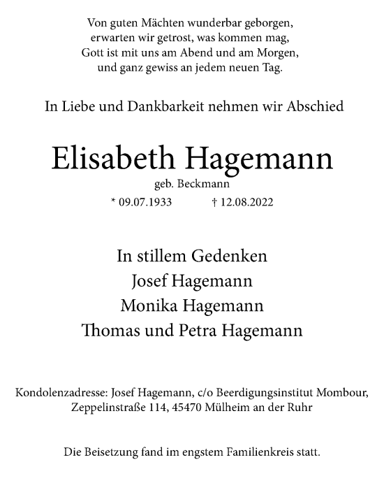 Traueranzeige von Elisabeth Hagemann von WVW Anzeigenblätter