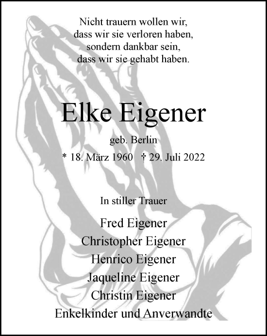 Traueranzeige von Elke Eigener von WVW Anzeigenblätter