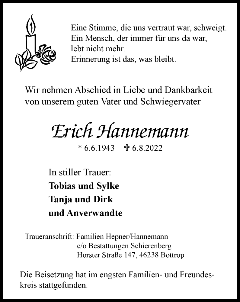  Traueranzeige für Erich Hannemann vom 20.08.2022 aus WVW Anzeigenblätter