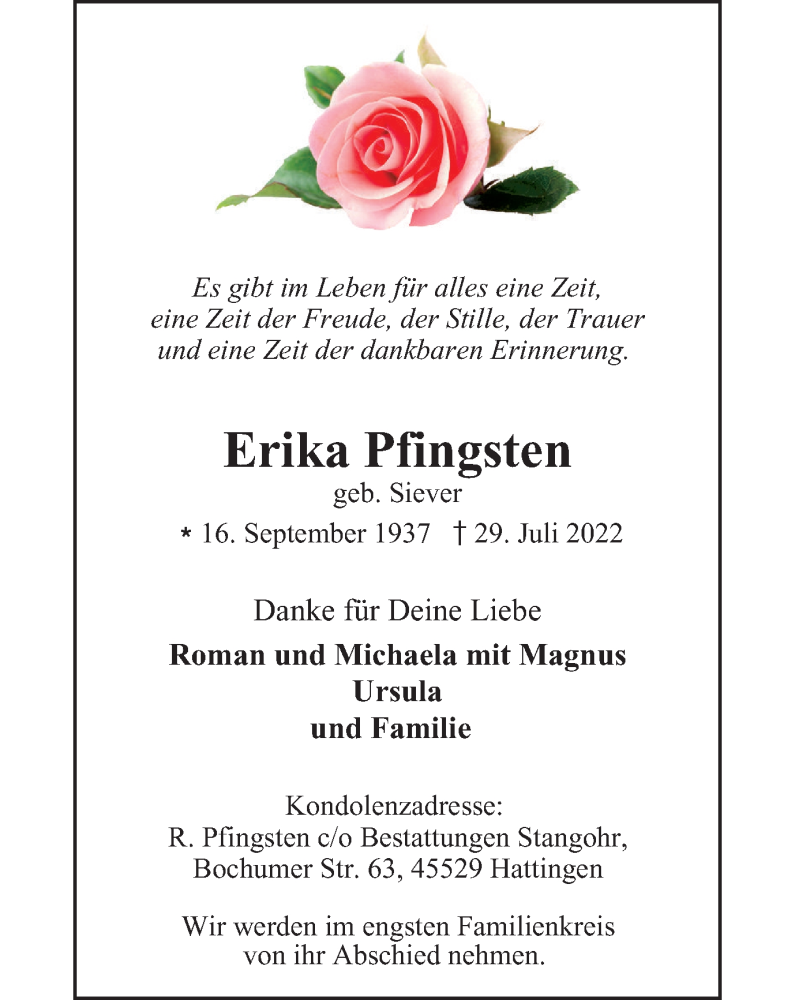  Traueranzeige für Erika Pfingsten vom 06.08.2022 aus WVW Anzeigenblätter