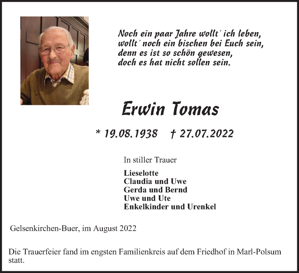  Traueranzeige für Erwin Tomas vom 20.08.2022 aus WVW Anzeigenblätter
