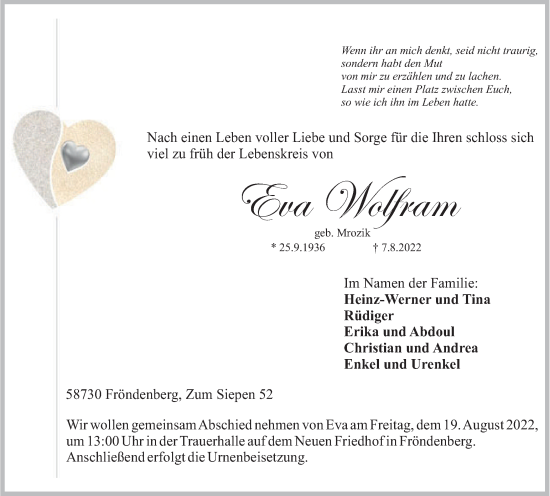 Traueranzeige von Eva Wolfram von WVW Anzeigenblätter