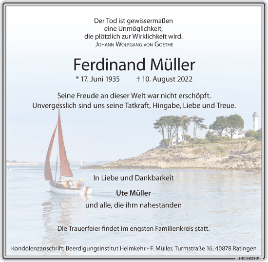 Traueranzeige von Ferdinand Müller von WVW Anzeigenblätter