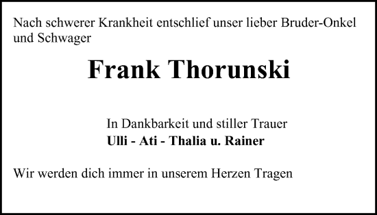 Traueranzeige von Frank Thorunski von WVW Anzeigenblätter