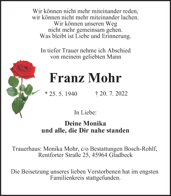 Traueranzeige von Franz Mohr von WVW Anzeigenblätter