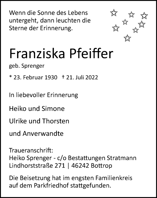 Traueranzeige von Franziska Pfeiffer von WVW Anzeigenblätter