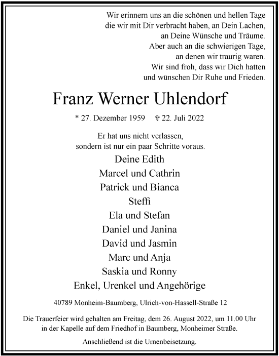 Traueranzeige von Franz Werner Uhlendorf von WVW Anzeigenblätter