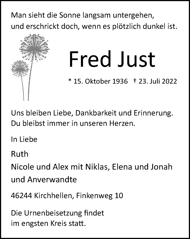  Traueranzeige für Fred Just vom 06.08.2022 aus WVW Anzeigenblätter