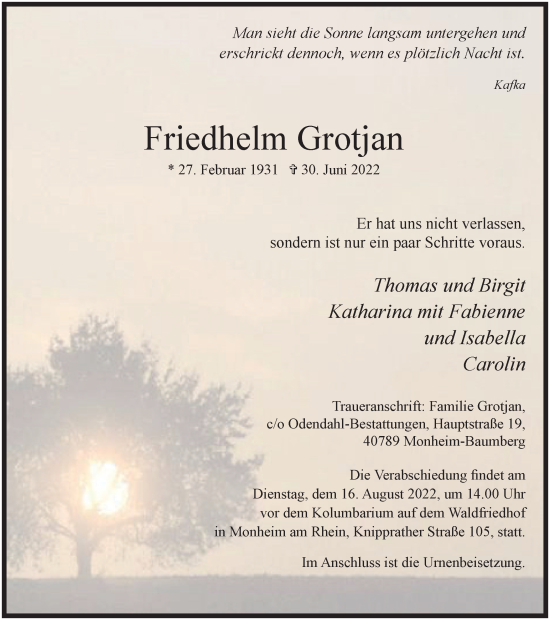 Traueranzeige von Friedhelm Grotjan von WVW Anzeigenblätter