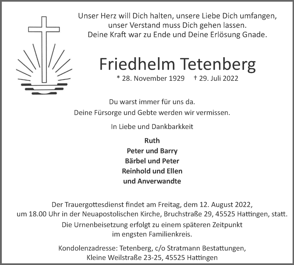  Traueranzeige für Friedhelm Tetenberg vom 06.08.2022 aus WVW Anzeigenblätter